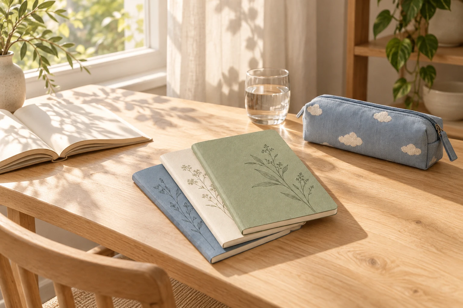 A quiet study corner with soft daylight and coordinated stationery